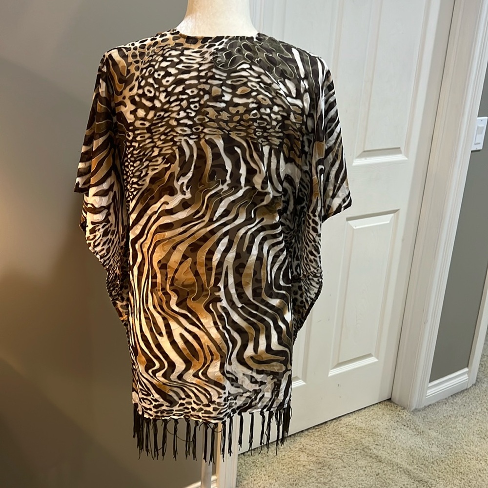 NWT CHICO’S Ruana Animal Print Burnout Sheer Fringe Cardigan - Picture 5 of 14